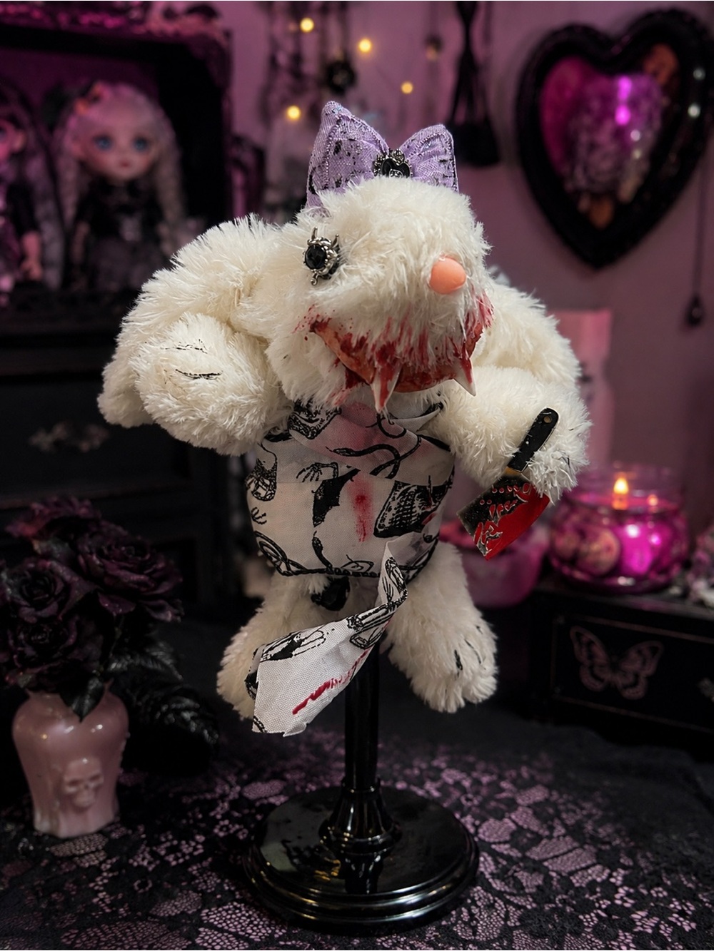 Handmade White Plush Horror Bunny Art Doll with Purple Bow